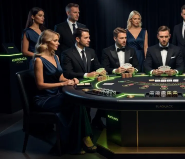 Centralny stół blackjackowy w neonowej oprawie na evencie