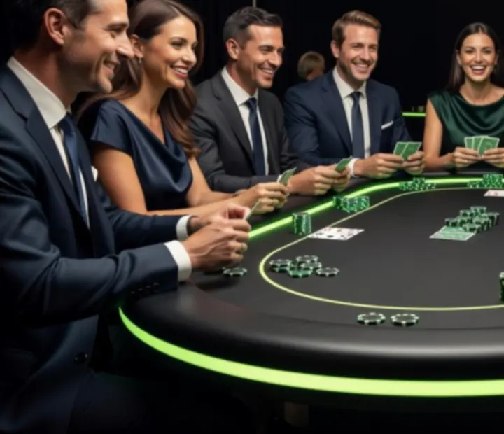 Stół pokerowy podczas wieczoru tematycznego Velokragosta z gośćmi w rozmowie